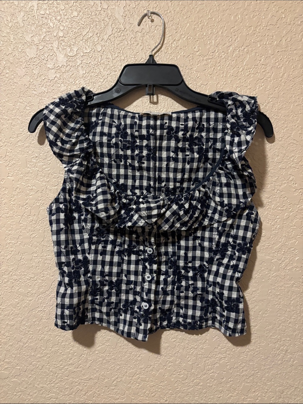 Olivaceous Navy and White Gingham Embroidered Tank